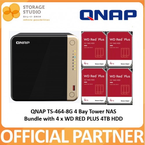 QNAP TS-464 4 Bay Tower NAS Bundle with 4 x 4TB WD Red Plus NAS Hard Disk. Singapore Local Warranty 3 Years